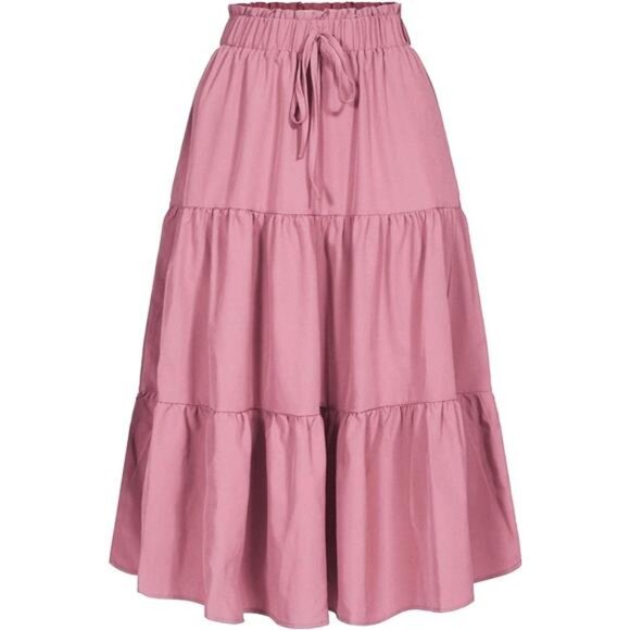 Women's High Elastic Waist Midi Skirt Pink - Picture 1 of 5